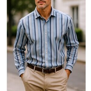 Johnston & Murphy Mens XL Blue Stripe Button Down Long Sleeve Dress Shirt Cotton